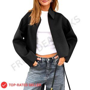 Cropped Pea Coat Bomber Jacket Wool Blend Zip Up Casual Loose Fit
